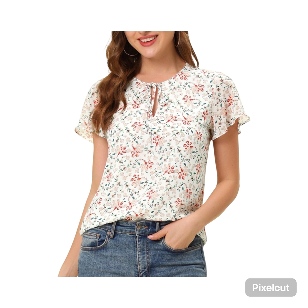 NWOT Size Small Allegra K Floral Flutter Sleeve Blouse with Tie Front